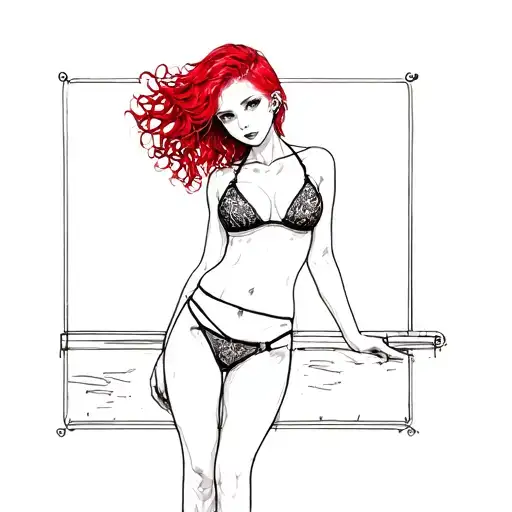 The Linedrawing Of A Sexy Red Head Goth Girl In A Bikini