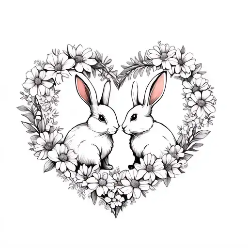 2 Rabbits In Flowers In The Shape Of A Heart Shape