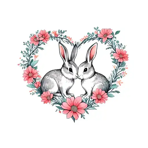 2 Rabbits In Flowers In The Shape Of A Heart Shape