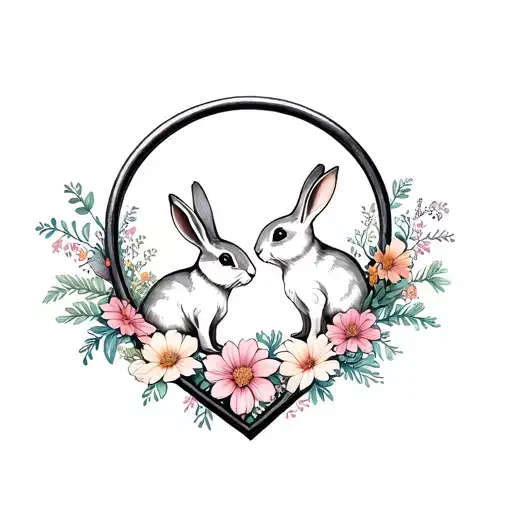 2 Rabbits In Flowers In The Shape Of A Heart Shaped Lock