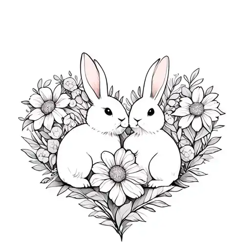 2 Bunny In The Flower In Shape Heart