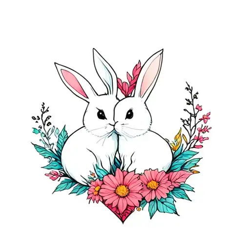 2 Bunny In The Flower In Shape Heart