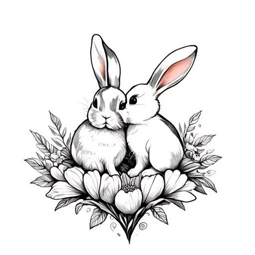 2 Bunny In The Flower In Shape Heart