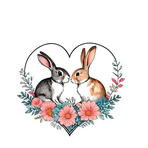 2 Bunnies In Flowers In The Heart