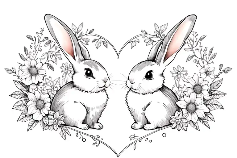 2 Bunnies In Flowers In The Heart
