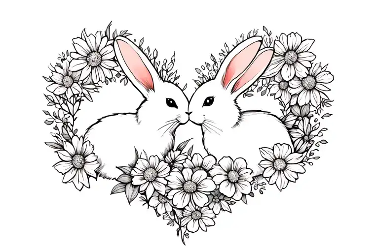 2 Bunnies In Flowers In The Heart