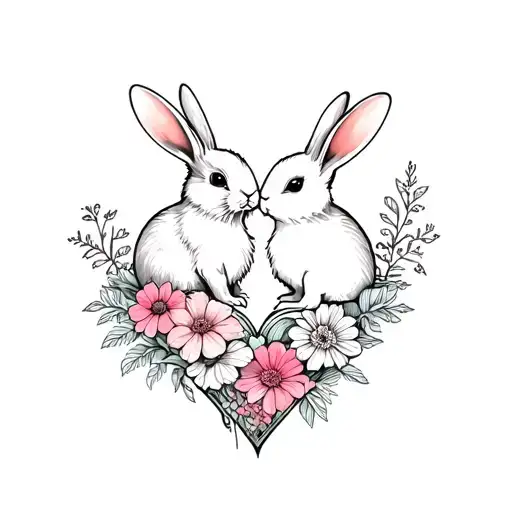2 Bunnies In Flowers In The Heart