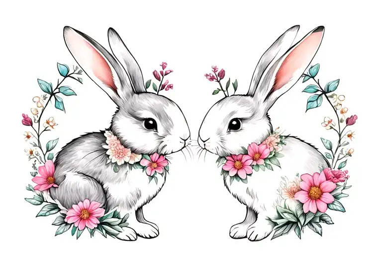 2 Bunnies In Flowers In The Heart