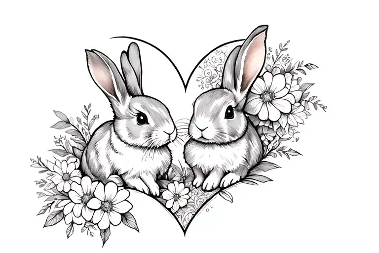 2 Bunnies In Flowers In The Heart