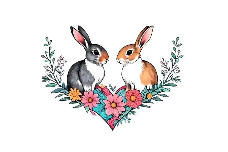 2 Bunnies In Flowers In The Heart