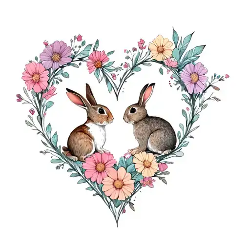 2 Bunnies In Flowers In The Heart Symbolizing Love