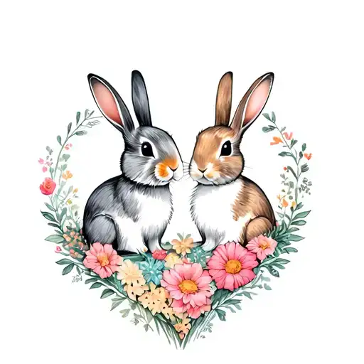 2 Bunnies In Flowers In The Heart Symbolizing Love