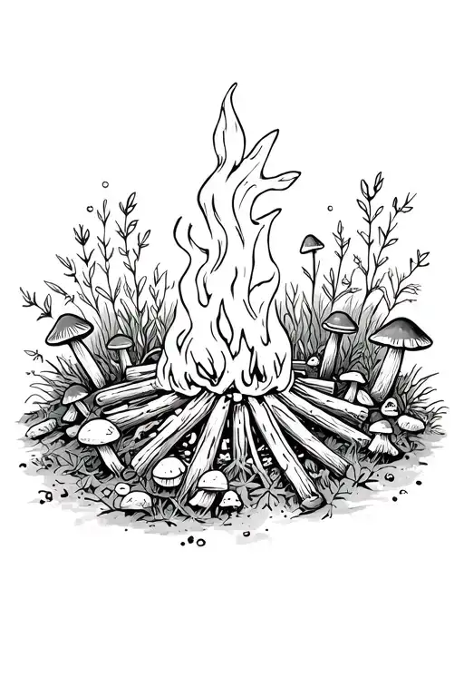Nature Campfire Surrounded With Mushrooms And Herbs
