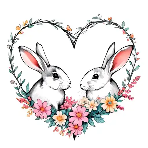 2 Rabbits In The Flower In Shape Heart Shape