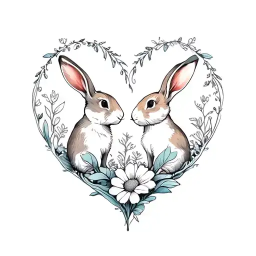 2 Rabbits In The Flower In Shape Heart Shape Inside