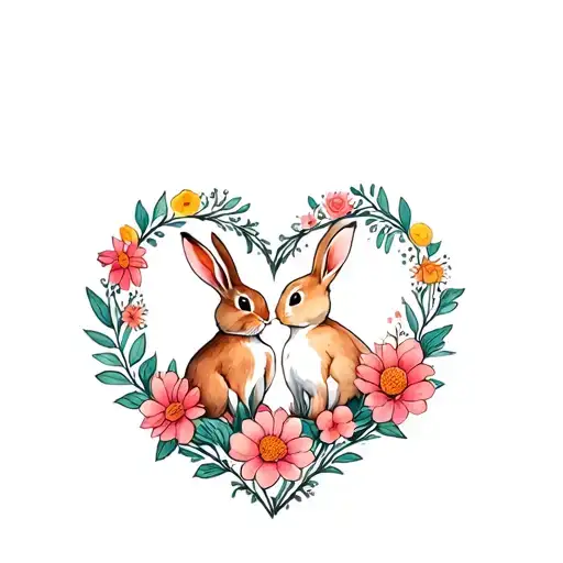 2 Rabbits In The Flower In Shape Heart Shape Surrounded