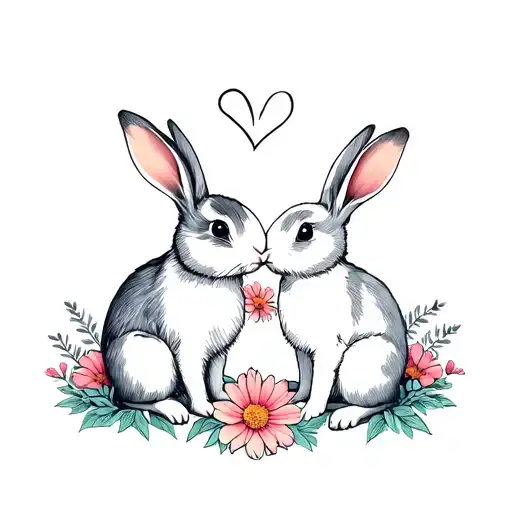 2 Rabbits In The Flower In Shape Heart Made