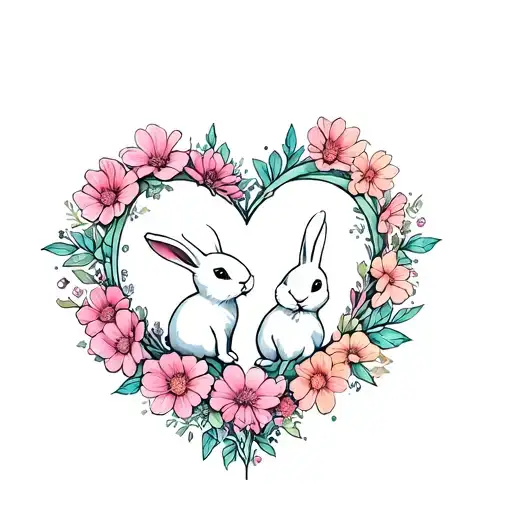 2 Rabbits In The Flower In Shape Heart Shape