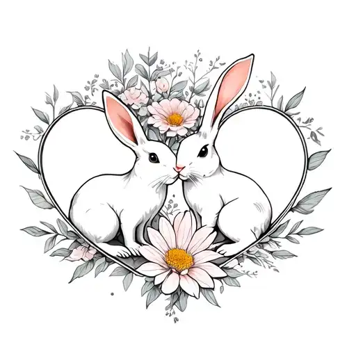2 Rabbits In The Flower In Shape Heart Shape