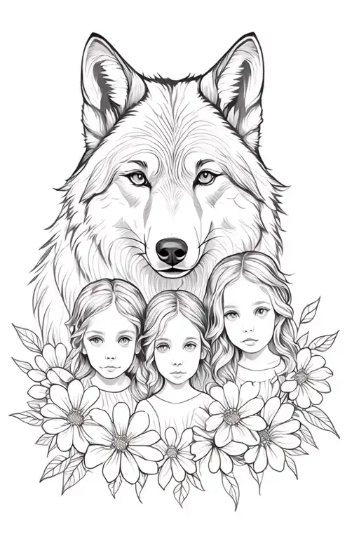 Mother Wolf With 3 Children And Flowers