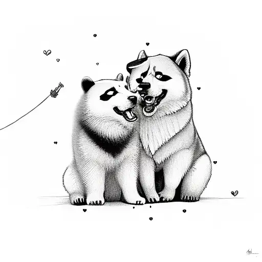 Akita Inu With A Heart Over It's And A Panda Siting With Their Backs To The Viewer