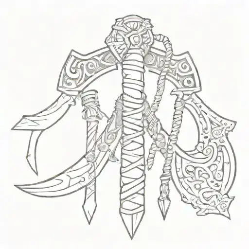 Two Viking Axes Crossed And Bound By Rope Hanging