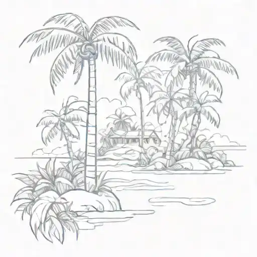 A Sketch Of A Tropical Island With Flamboyant Trees Swaying In The Breeze