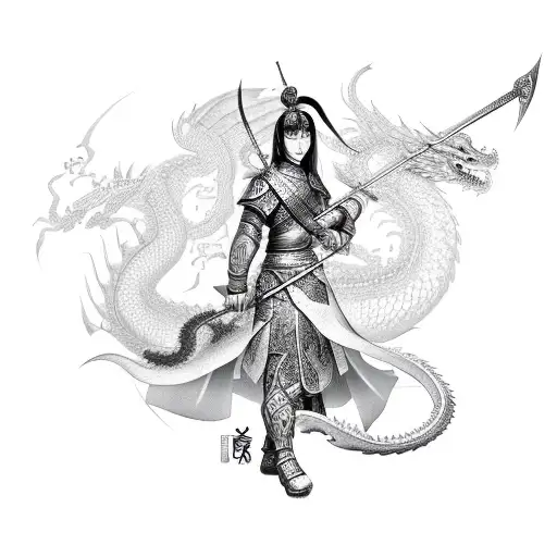 Beautiful Female Chinese Warrior With Sword Covering Half Of Face With Dragon In Background