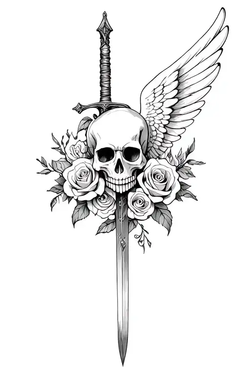 Skull With Wing And Sword With Roses