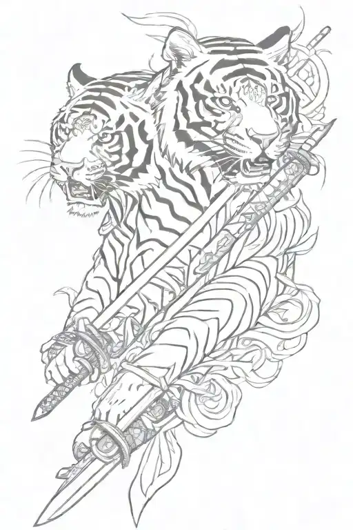 Sleeve With Katanas And Tigers In Non-traditional Japanese Style