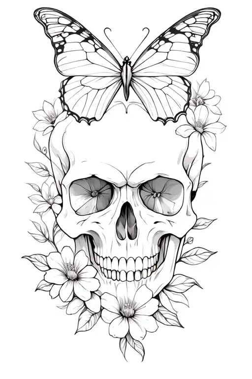 Skull Butterfly Flowers Intertwined Feminine Fine Line