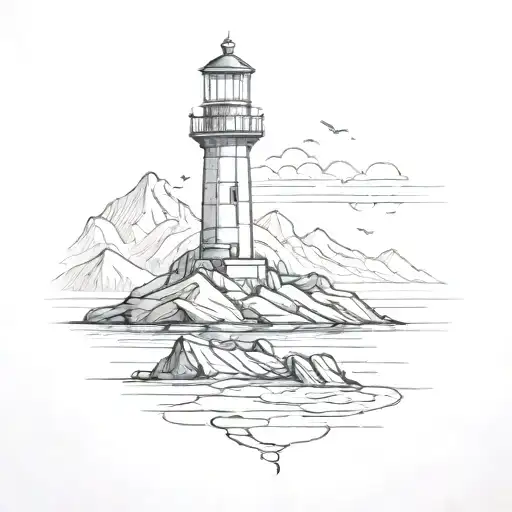 A Sketch Of A Lighthouse On The Coast With A Snowy Mountain Peak In The Distance