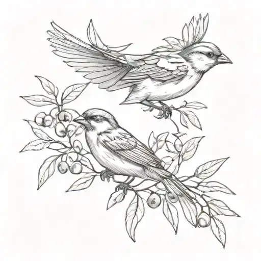 Two Sparrows Mid Flight With Olive Branches In Their Beaks