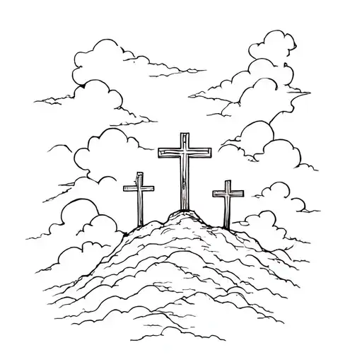 Three Crosses Even Side By Side On A Hill With Clouds