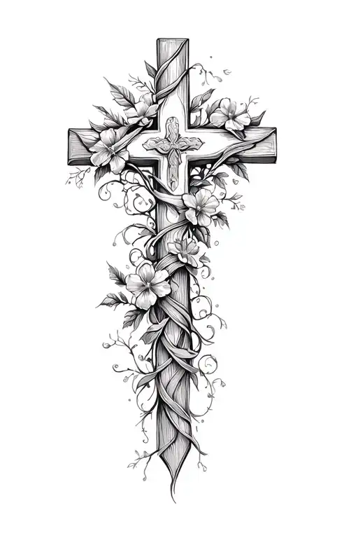 Christian Cross Wrapped In Flowers And Vines Wrapped