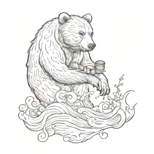 Grizzly Bear And Honey Bee And Wave Or Ocean