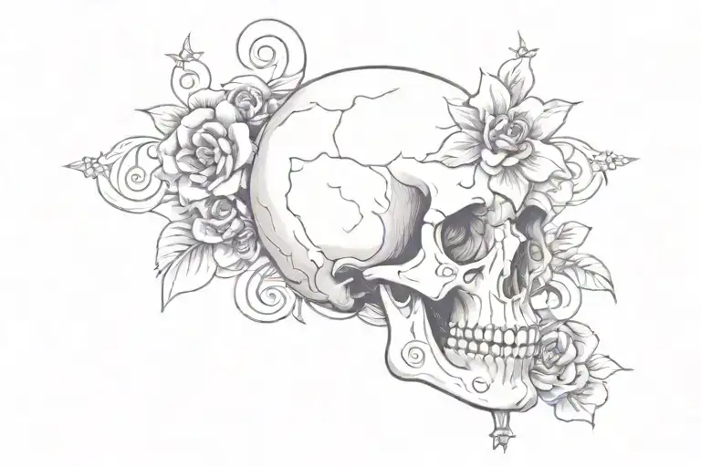 Skull And Crossbone With Pearls And Violet Flower Intertwined