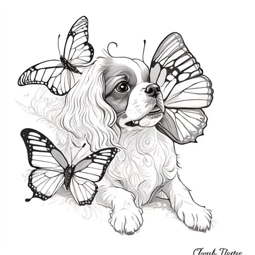 Cavalier King Charles Playing With Butterflies