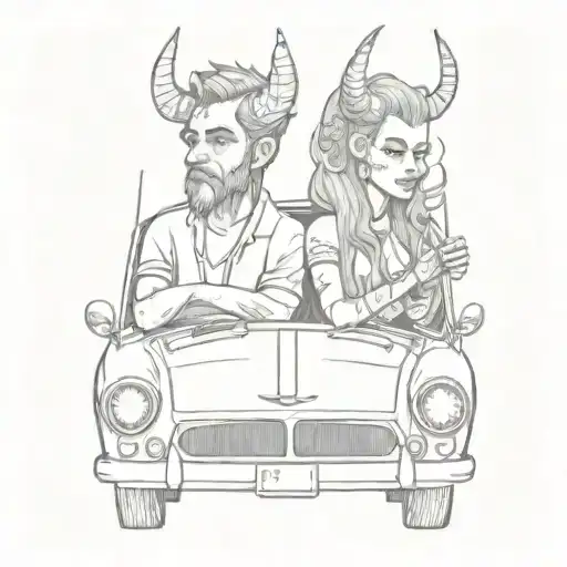 A Couple In A Car With Devil Horns On Their Heads