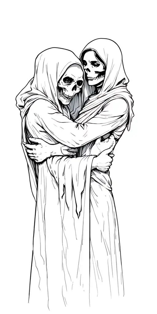 Human And Grim Reaper In Loving Embrace