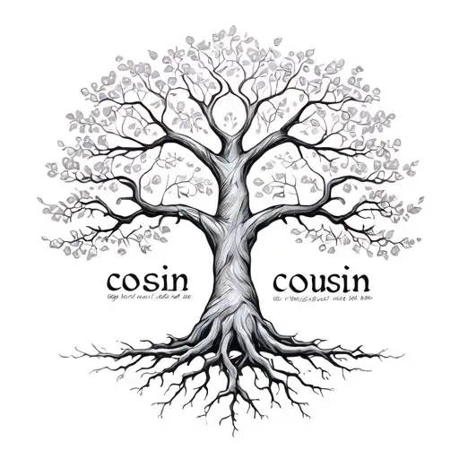 A Sketch Style Tattoo Of A Family Tree With Roots Intertwining To Form The Word 'Cousin' Tattoo