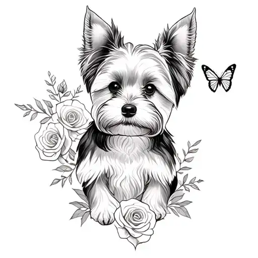 A Sketch Style Tattoo Of A Yorkie Dog Sitting On A Mountain Peak Surrounded By Roses And Butterflies Tattoo