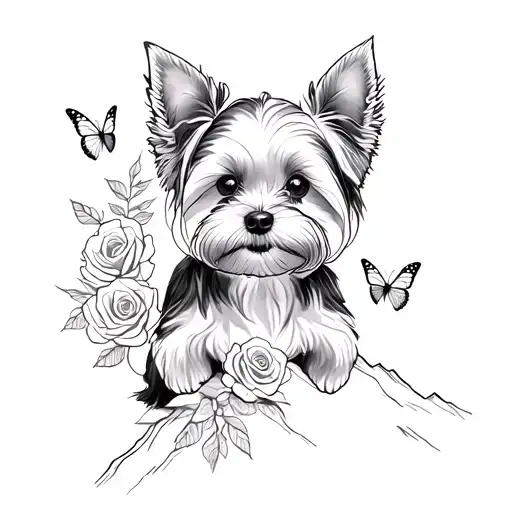 A Sketch Style Tattoo Of A Yorkie Dog Sitting On A Mountain Peak Surrounded By Roses And Butterflies Tattoo