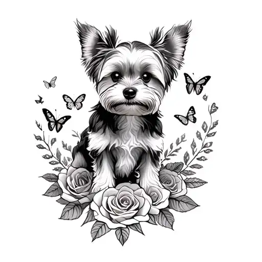 A Sketch Style Tattoo Of A Yorkie Dog Sitting On A Mountain Peak Surrounded By Roses And Butterflies Tattoo