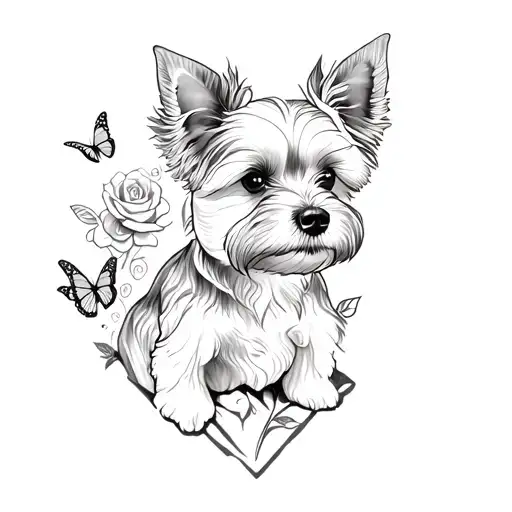 A Sketch Style Tattoo Of A Yorkie Dog Sitting On A Mountain Peak Surrounded By Roses And Butterflies Tattoo