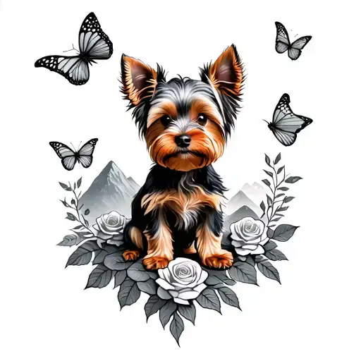A Sketch Style Tattoo Of A Yorkie Dog Sitting On A Mountain Peak Surrounded By Roses And Butterflies Tattoo