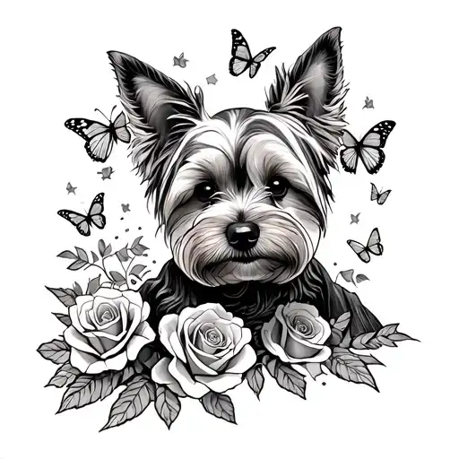 A Sketch Style Tattoo Of A Yorkie Dog Sitting On A Mountain Peak Surrounded By Roses And Butterflies Tattoo