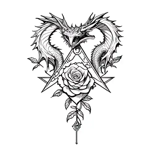 A Dragon And A Rose Tnto A Heart Surrounding The Freemason Symbole