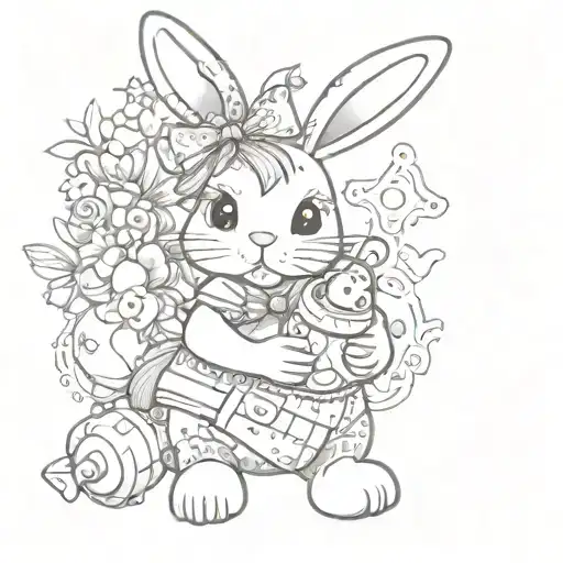 A Girly Themed Tattoo Featuring A Patchwork Style Stuffed-toy Rabbit Holding A Rubber Ducky