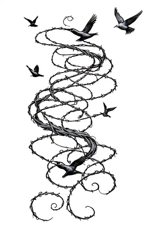 Feminine Whimsical Barbwire And Swirly Tendrils With Several Swallows Intertwined Flying Up